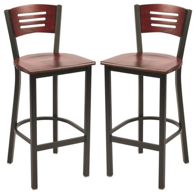 Home Square Metal and Solid Wood Barstool in Mahogany Set of 2