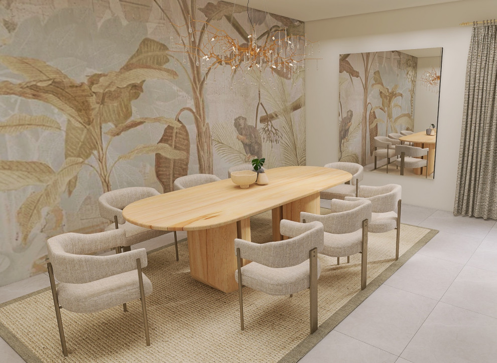 Photo of a large contemporary open plan dining in Leipzig with beige walls, concrete floors, grey floor and wallpaper.