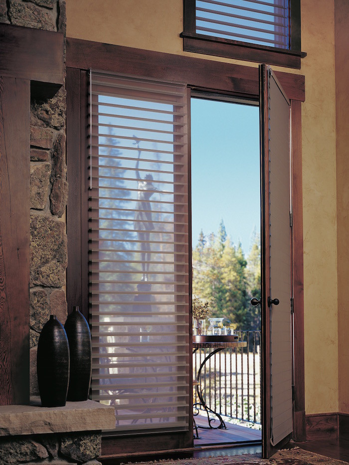 Mid-sized mountain style dark wood floor front door photo in Phoenix with beige walls and a dark wood front door