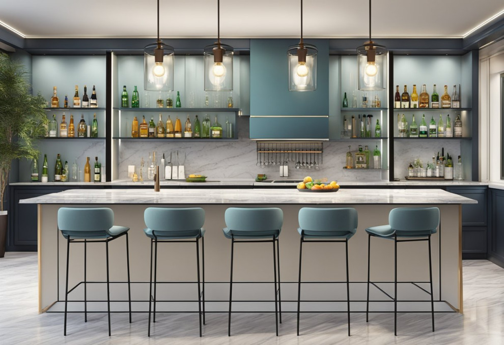 A kitchen with five chairs