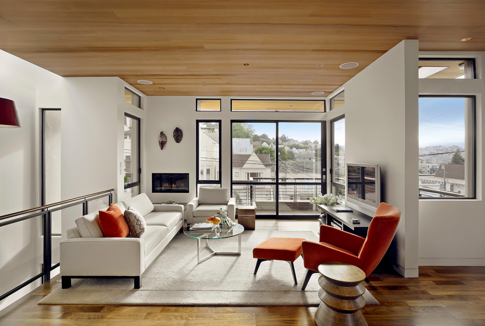 Contemporary living room in San Francisco with white walls.