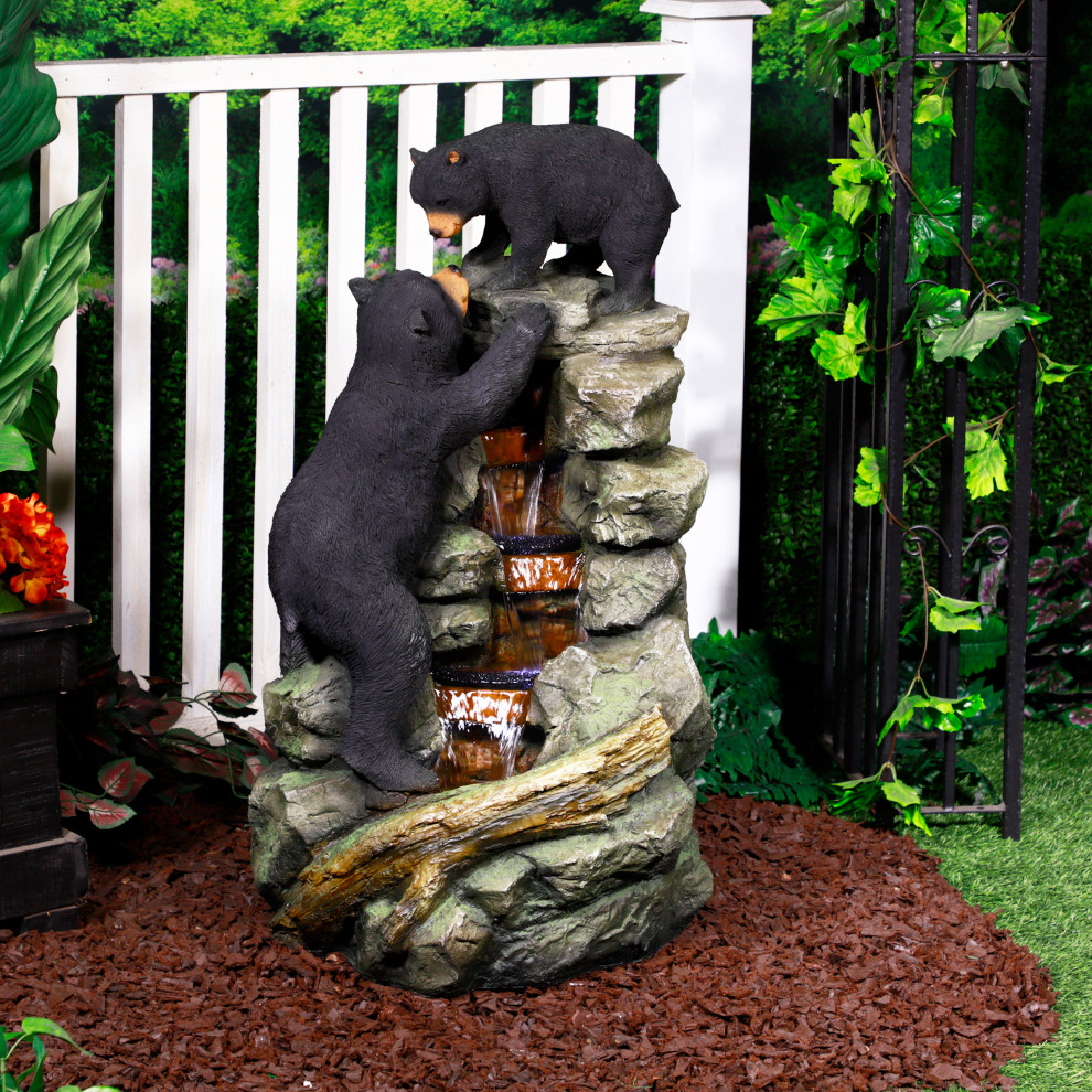 36" Tall Outdoor 2 Bears Climbing on Rainforest Water Fountain Rustic