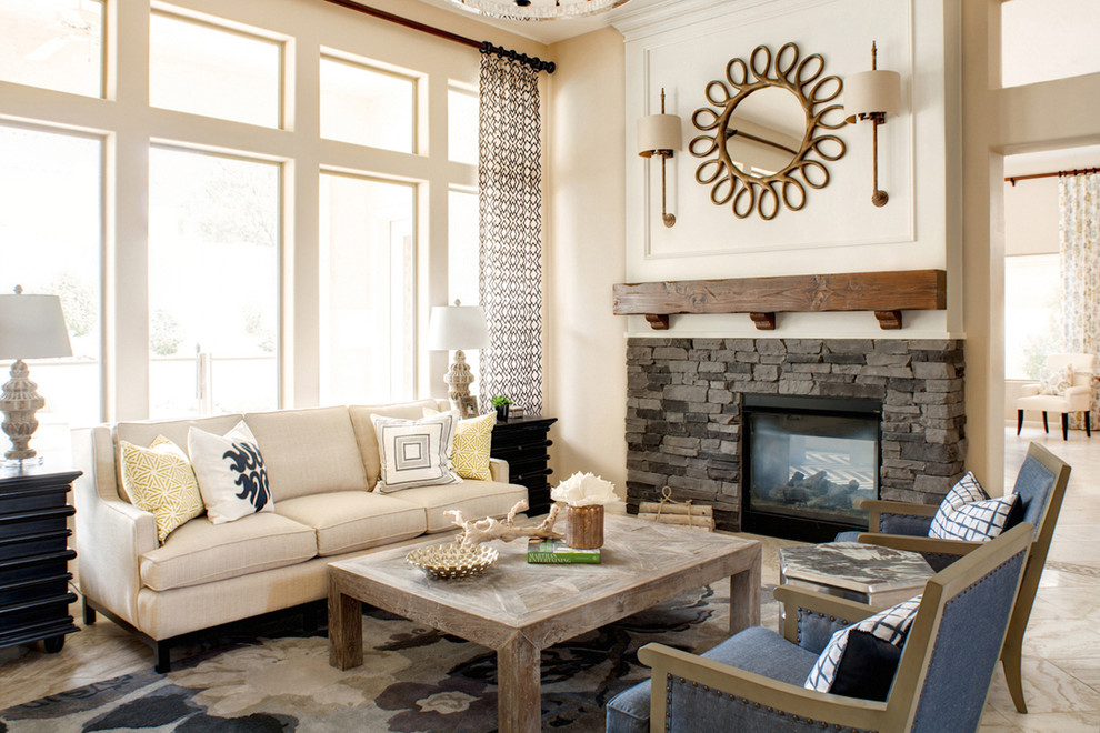Design ideas for a country living room in Phoenix with a stone fireplace surround.