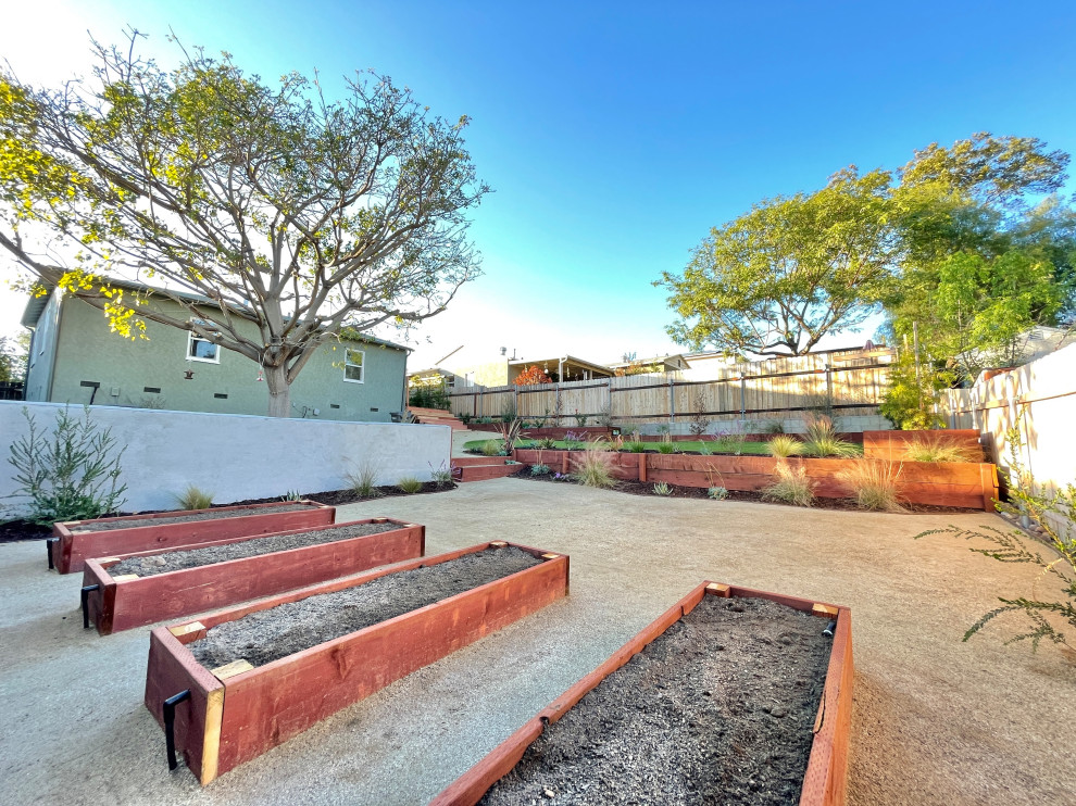 This is an example of a large modern backyard full sun xeriscape in San Diego with a vegetable garden, decomposed granite and a wood fence.