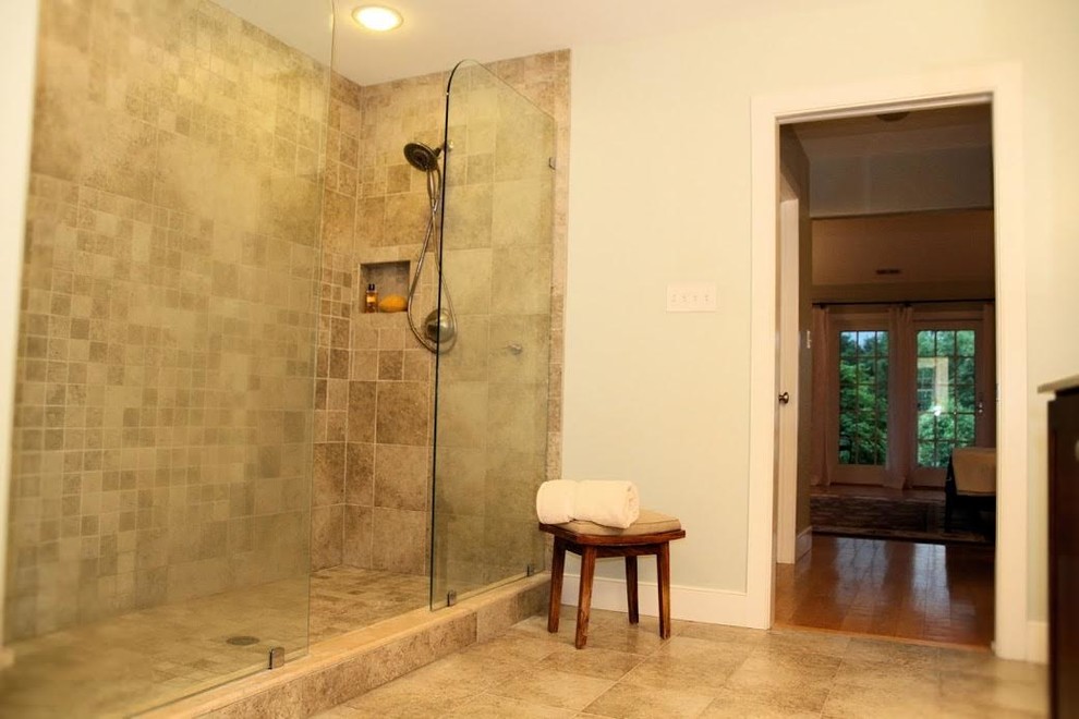 Large transitional master bathroom in Philadelphia with a double shower, dark wood cabinets, blue walls, ceramic floors, beige floor, an open shower, beige tile and ceramic tile.