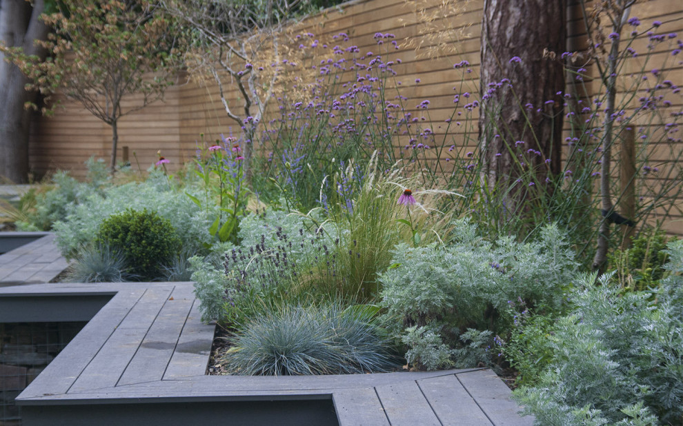 Idee per un piccolo giardino mediterraneo esposto in pieno sole dietro casa con recinzione in legno
