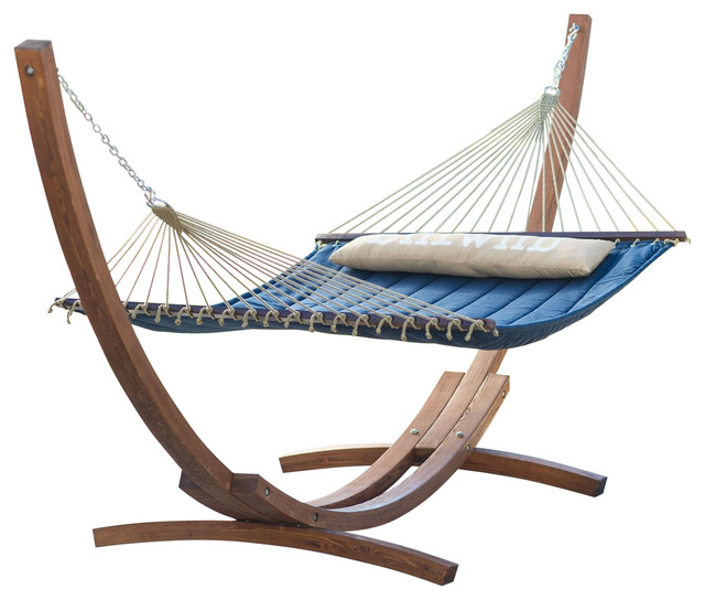 Blue 2-Person Quilted Hammock with Durable Wood Frame Stand