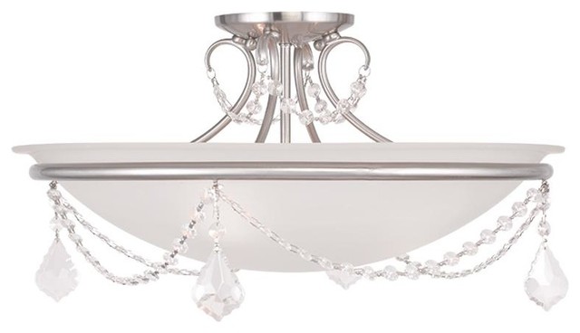 Three Light Brushed Nickel Bowl Semi Flush Mount Transitional Three Light Brushed Nickel Bowl Semi Flush Mount