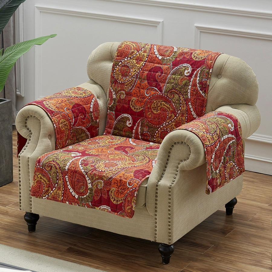 Polyester Arm Chair Protector With Paisley Print, Cinnamon Red Traditional Slipcovers And