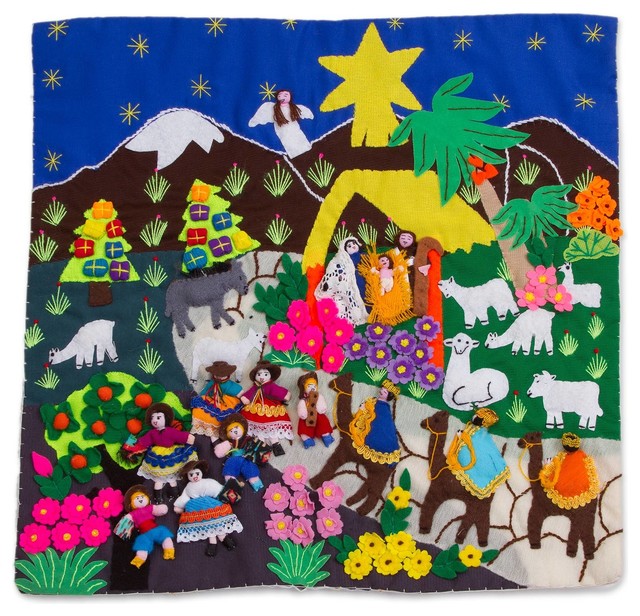Handmade Joyful Nativity Cotton Blend Applique Wall Hanging Peru Contemporary Tapestries By Novica