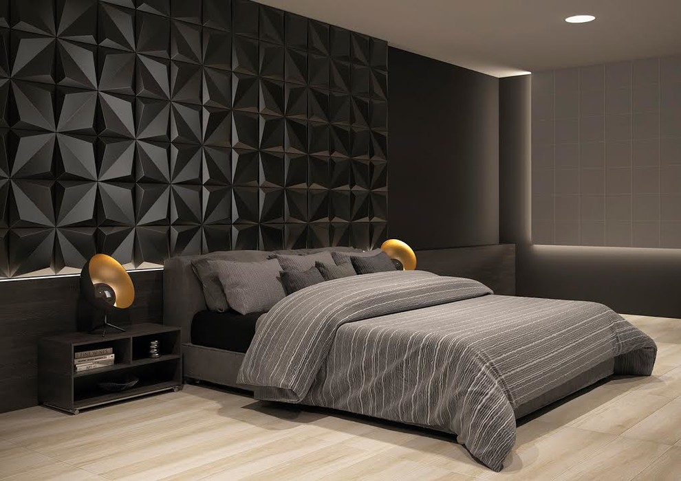 Photo of a large modern master bedroom in Miami with black walls, porcelain floors, no fireplace and beige floor.