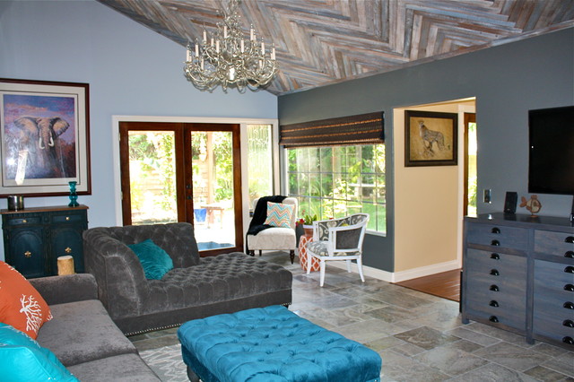 Reclaimed Wood Ceiling In A Herringbone Pattern Traditional