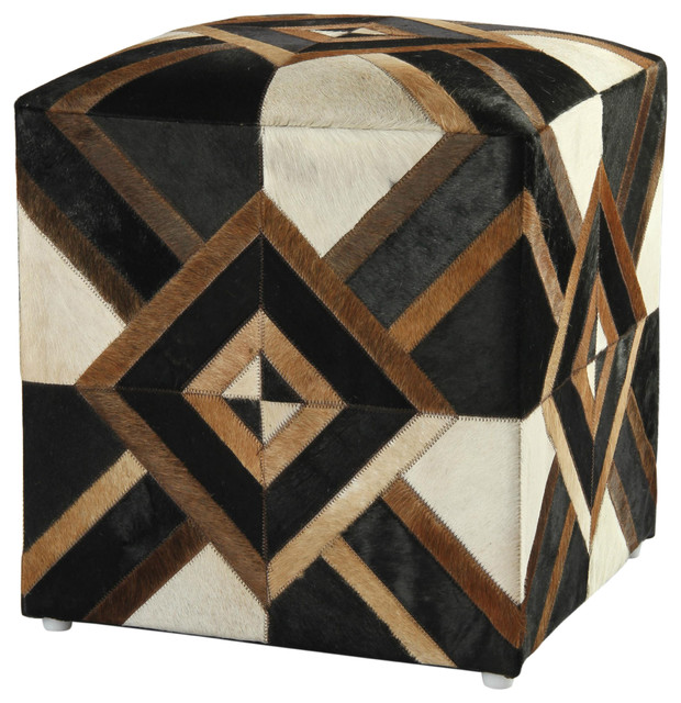 Black Leather Diamond Design Cow Hide Pouf Ottoman Southwestern