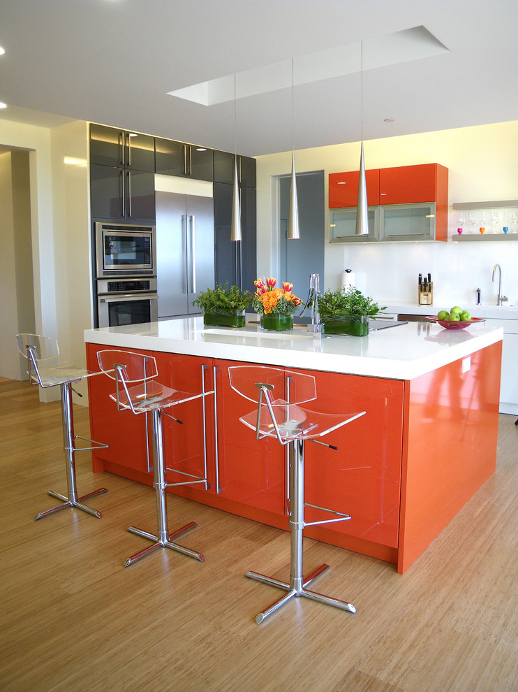 This is an example of a modern kitchen in San Francisco with bamboo floors.