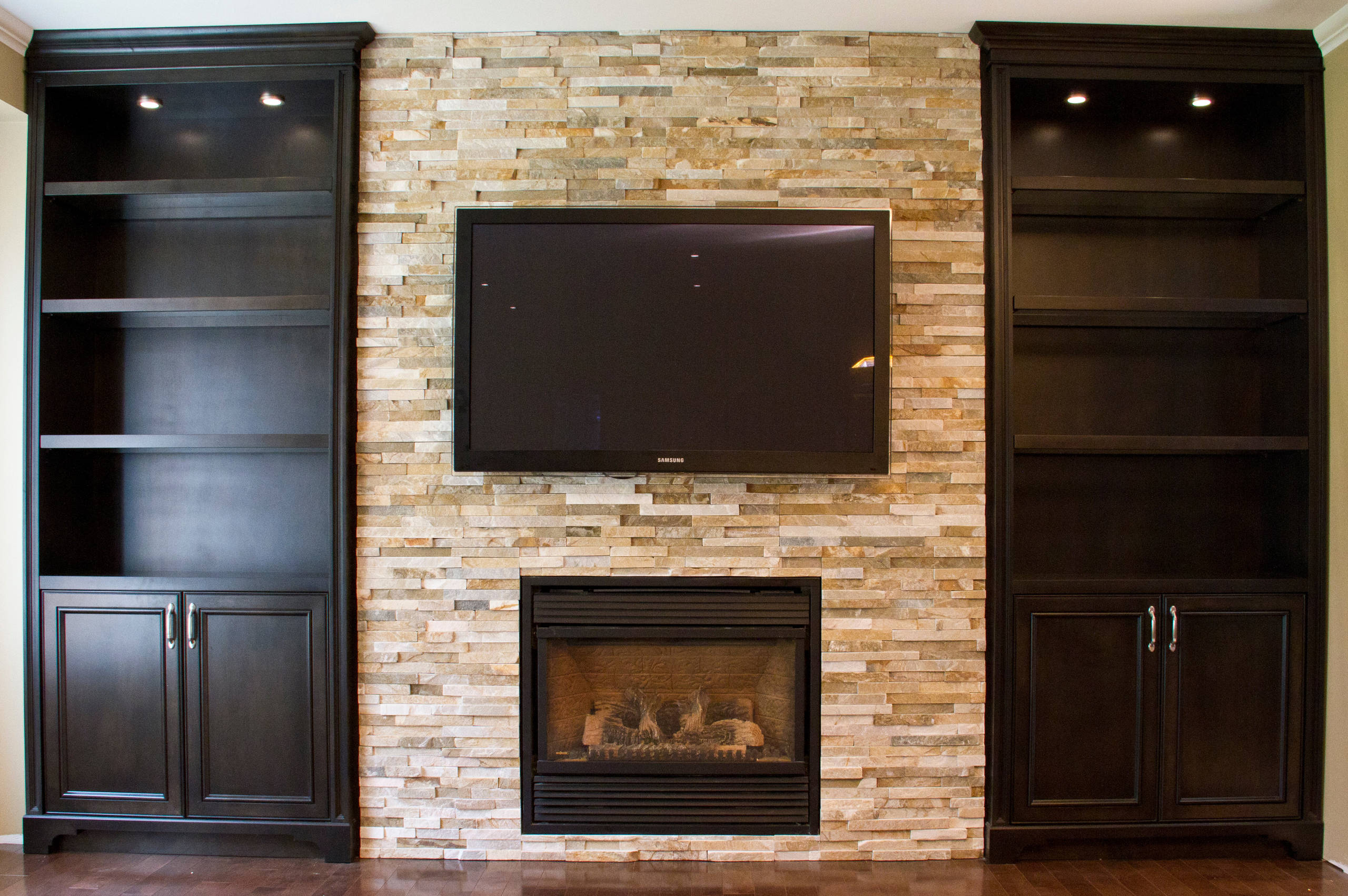 Glass Shelves Built-in Units Around Fireplace