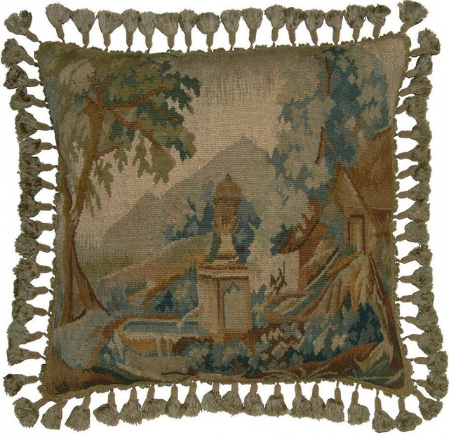 Throw Pillow Aubusson Mountain 22x22 Beige Blue Bronze Olive Green