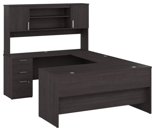 Bestar Ridgeley UShaped Engineered Wood Desk with Hutch in Charcoal