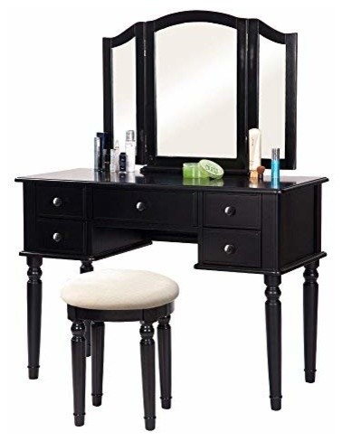 Modern Vanity Table Set Tri Fold Mirror 5 Drawer And Cushioned Stool
