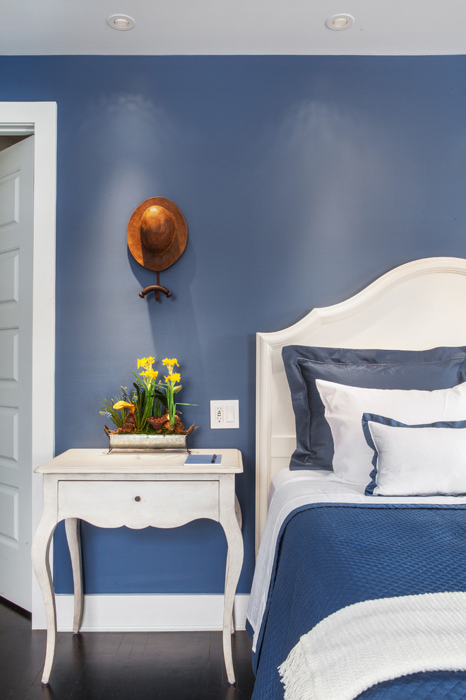 Inspiration for a large transitional guest bedroom in Other with blue walls, dark hardwood floors and black floor.