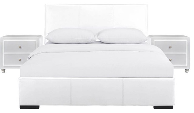 Camden Isle Hindes Upholstered Platform Bed in White King with 2 Nightstands