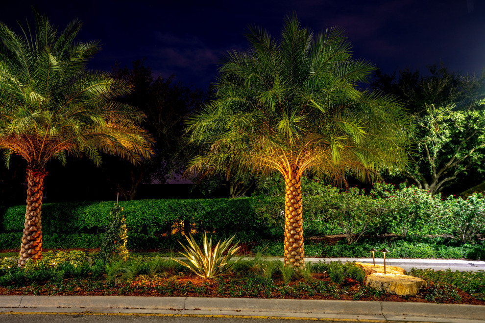 This is an example of a large transitional full sun front yard mulch landscaping in Miami for summer.