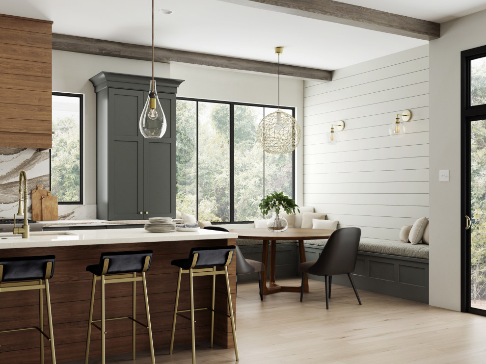 Exemple d'une salle à manger ouverte sur la cuisine nature de taille moyenne avec un mur blanc, parquet clair, aucune cheminée, un sol marron, poutres apparentes et du lambris de bois.