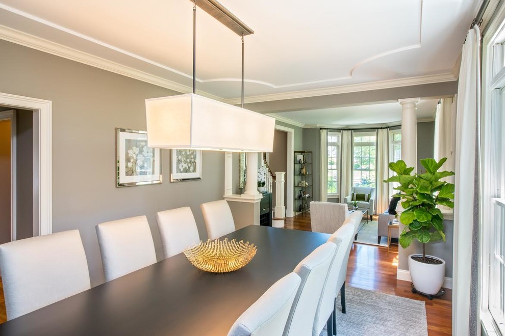 This is an example of a mid-sized contemporary separate dining room in Boston with grey walls, medium hardwood floors, no fireplace and brown floor.