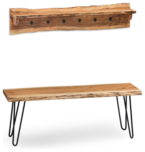 Hairpin Natural Live Edge 48 Bench With Coat Hook Shelf Set