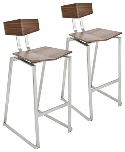 Flight Contemporary Stainless Steel Barstools, Walnut Wood, Set of 2