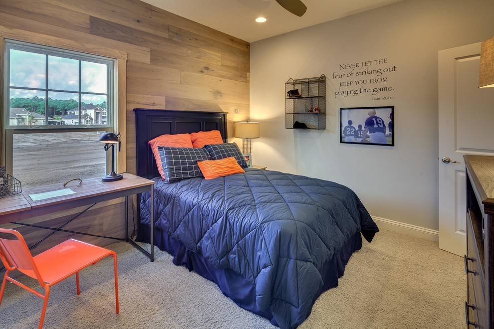 Photo of a transitional kids' room for boys in Miami with grey walls and carpet.