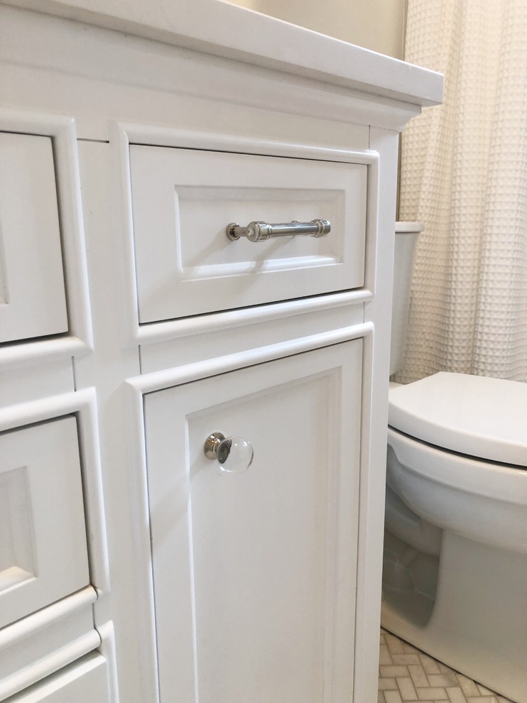 Inspiration for a small transitional master gray tile and marble tile marble floor and gray floor alcove shower remodel in Providence with furniture-like cabinets, white cabinets, white walls, an undermount sink, marble countertops and white countertops