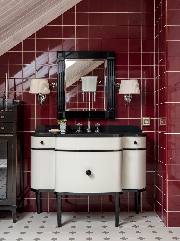 Transitional powder room in Moscow with red tile, ceramic tile, cement tiles, marble benchtops, white floor, black benchtops, flat-panel cabinets and white cabinets.