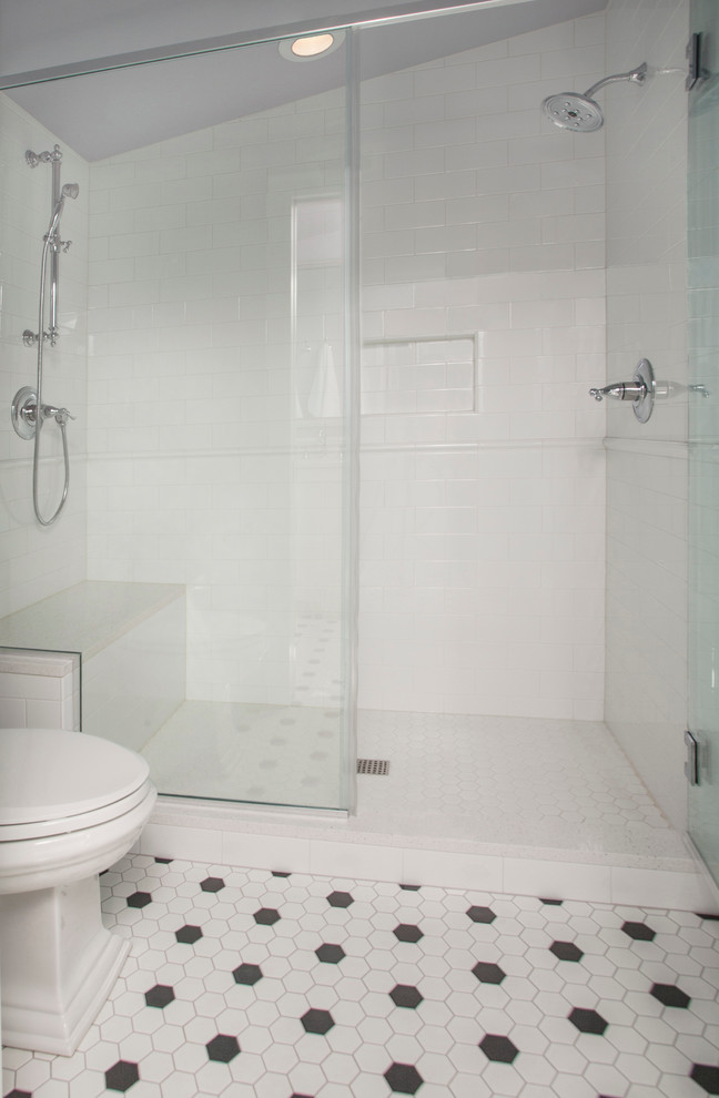 Inspiration for a mid-sized traditional 3/4 bathroom in Seattle with shaker cabinets, white cabinets, a double shower, a two-piece toilet, white tile, ceramic tile, purple walls, ceramic floors, an undermount sink and engineered quartz benchtops.