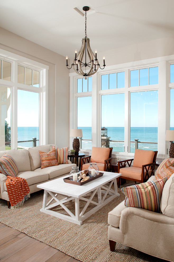 Inspiration for a beach style sunroom in Grand Rapids with medium hardwood floors and brown floor.