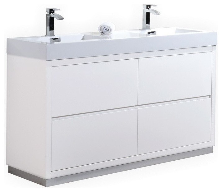 Lux 60" Double Sink High Gloss White Free Standing Modern Bathroom Vanity