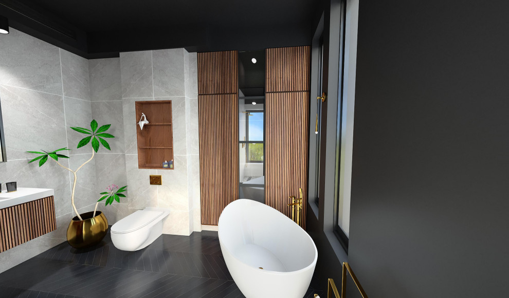 Idées déco pour une grande douche en alcôve principale asiatique en bois brun avec un placard à porte persienne, une baignoire indépendante, WC suspendus, un carrelage gris, des carreaux de béton, un mur noir, un sol en carrelage de céramique, un lavabo intégré, un plan de toilette en quartz modifié, un sol noir, une cabine de douche à porte battante, un plan de toilette blanc, buanderie, meuble simple vasque et meuble-lavabo suspendu.