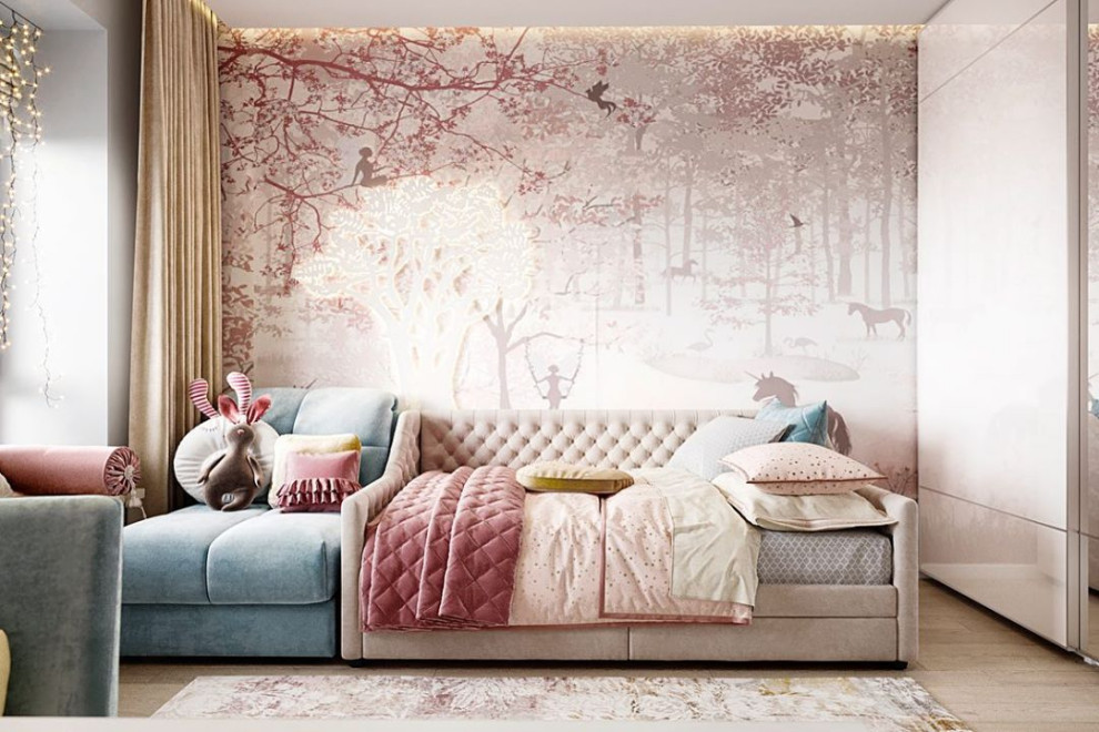 Сверкающая детская с волшебным лесом на обоях Alltowall с единорогами и феями