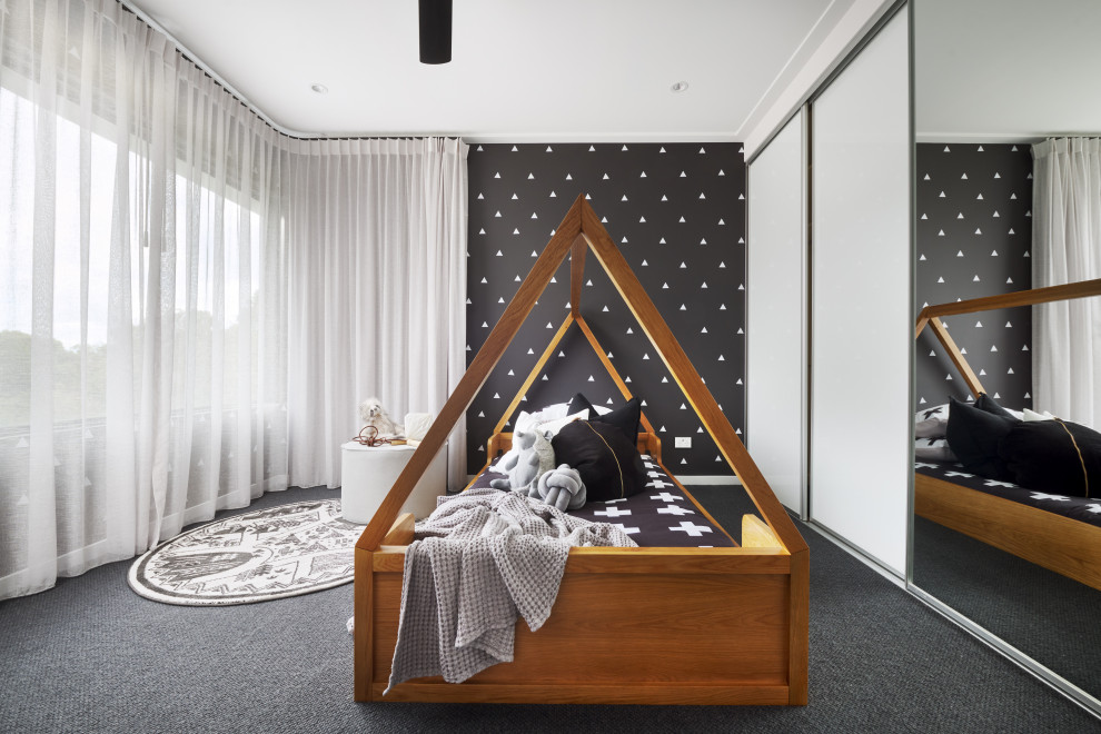 Contemporary bedroom in Perth with black walls, carpet, grey floor and wallpaper.