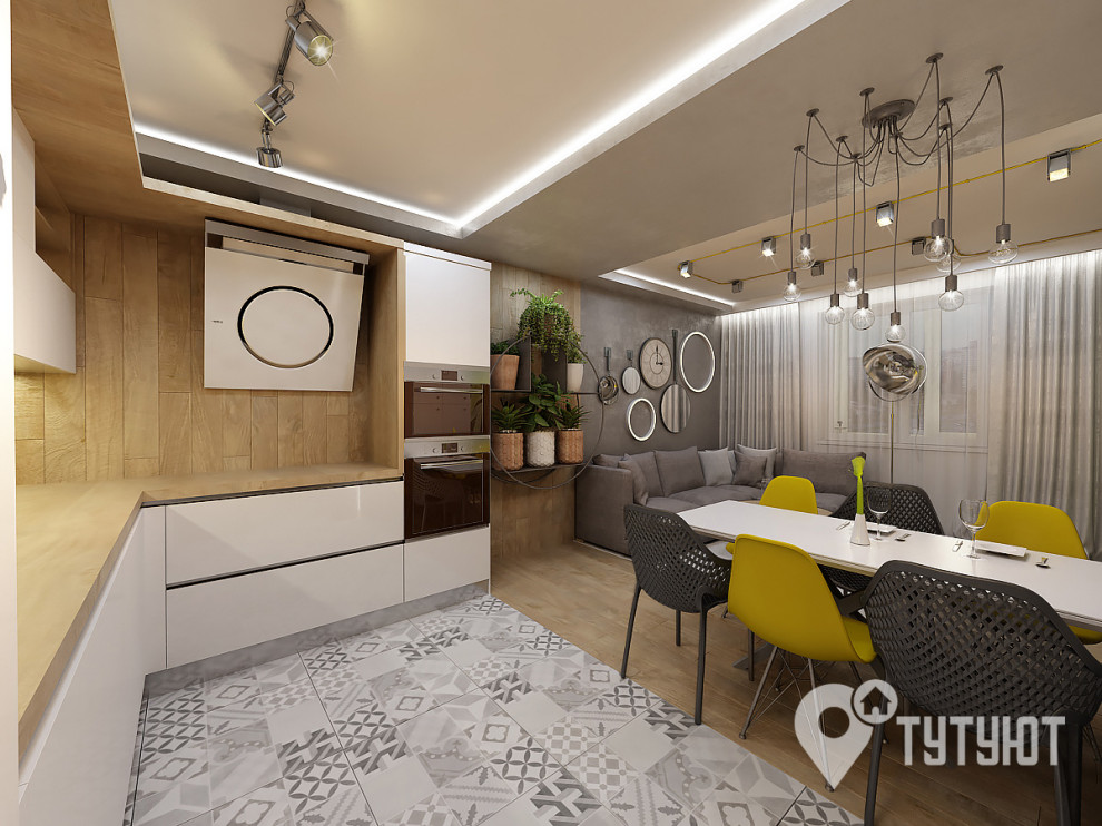 Кухня-гостиная в стиле лофт с желтым акцентом