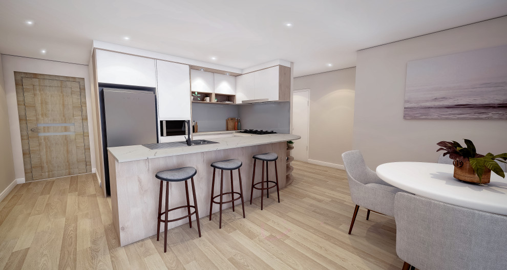 Design ideas for a small contemporary u-shaped kitchen pantry in Central Coast with white cabinets, engineered stone countertops, grey splashback, glass sheet splashback, stainless steel appliances, a breakfast bar and grey worktops.