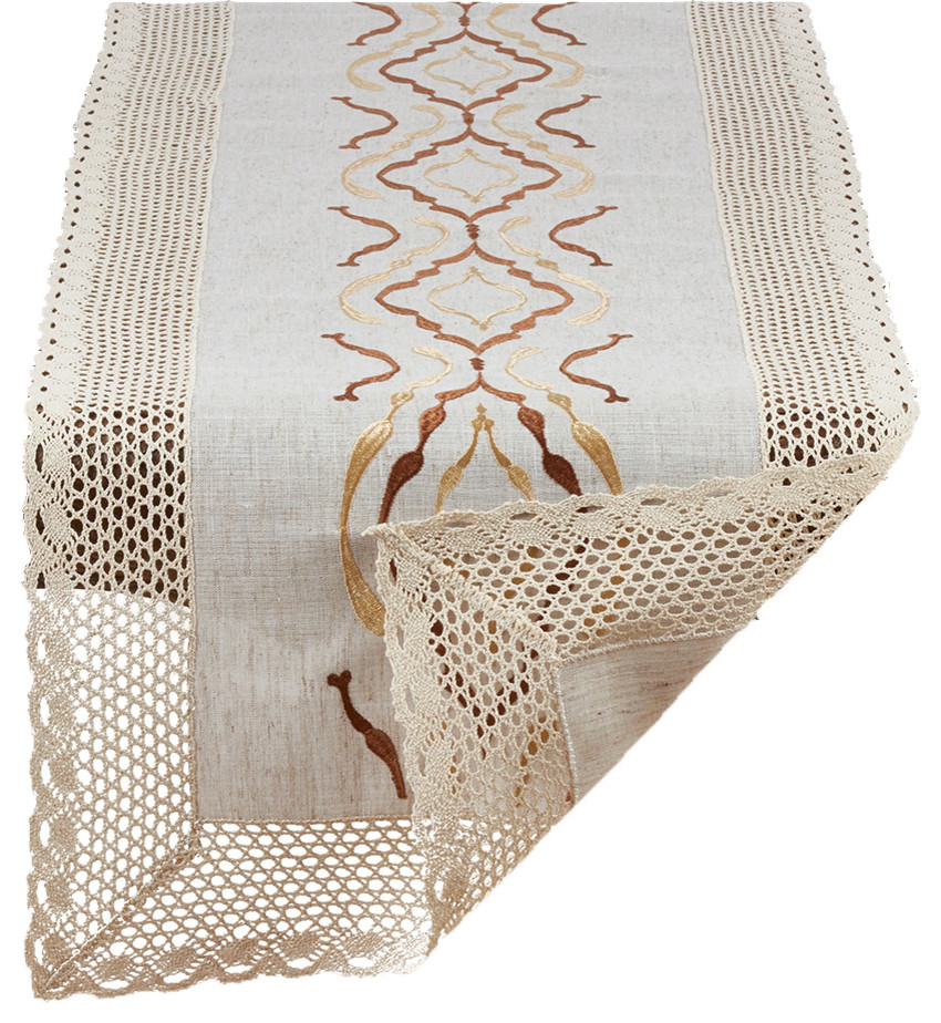 Abstract Embroidery Lace Trim Table Runner, 16"W x 72"L Rectangular