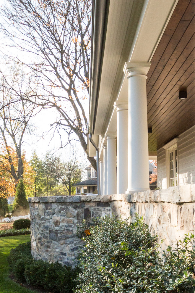 Mid-sized transitional white two-story wood gable roof idea in Chicago