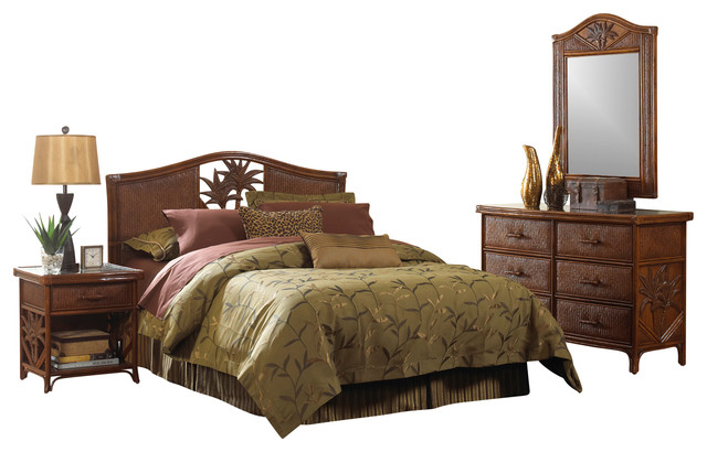 Cancun Palm Tropical Rattan and Wicker 4 Piece Bedroom Furniture Set