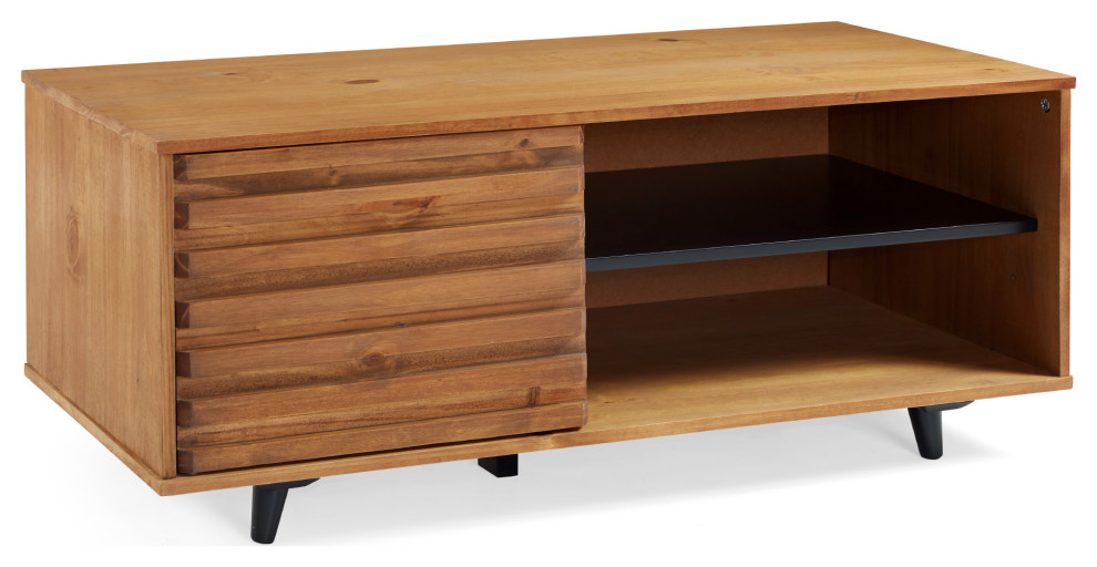 Cory 44" Solid Wood Slat Door Storage Bench Caramel Midcentury