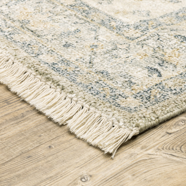 Maleah Handloomed Distressed Oriental Beige/Grey Tassel Fringe Rug, 8