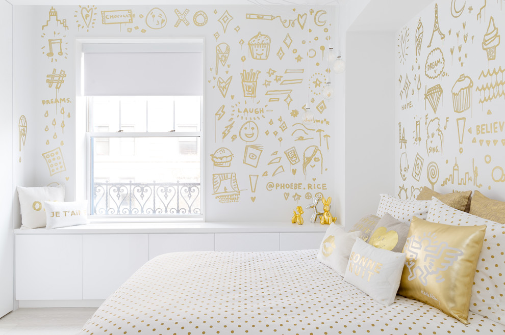 Design ideas for a contemporary kids' room for girls in New York with multi-coloured walls.