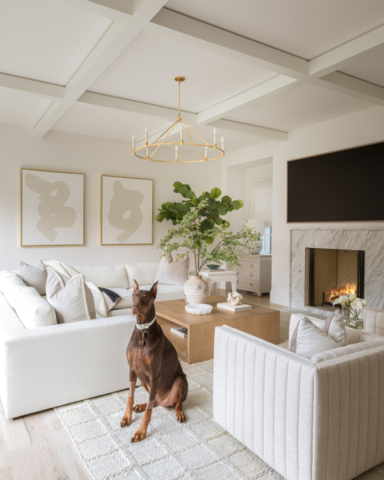 Example of a transitional light wood floor, beige floor and exposed beam living room design in Dallas with white walls, a standard fireplace, a stone fireplace and a wall-mounted tv