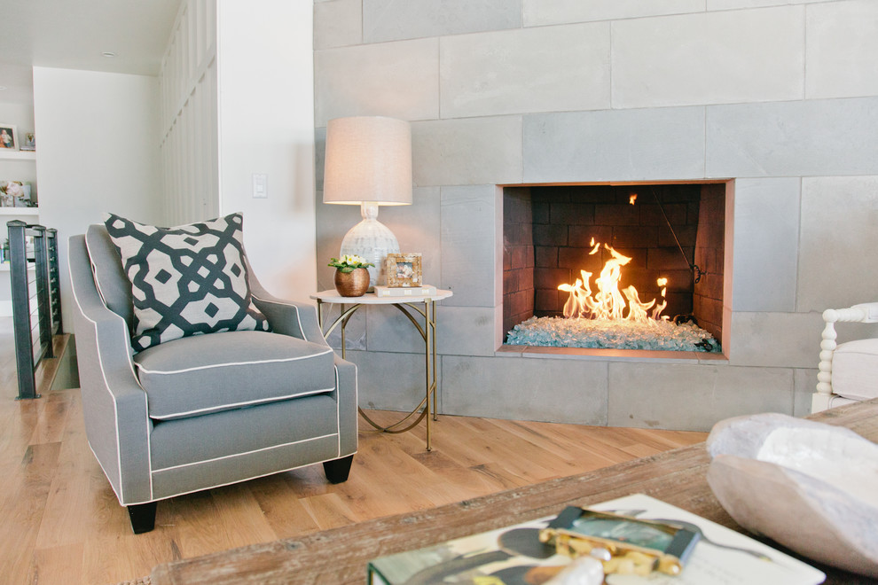 Mid-sized transitional formal open concept living room in Salt Lake City with white walls, light hardwood floors, a corner fireplace and a tile fireplace surround.