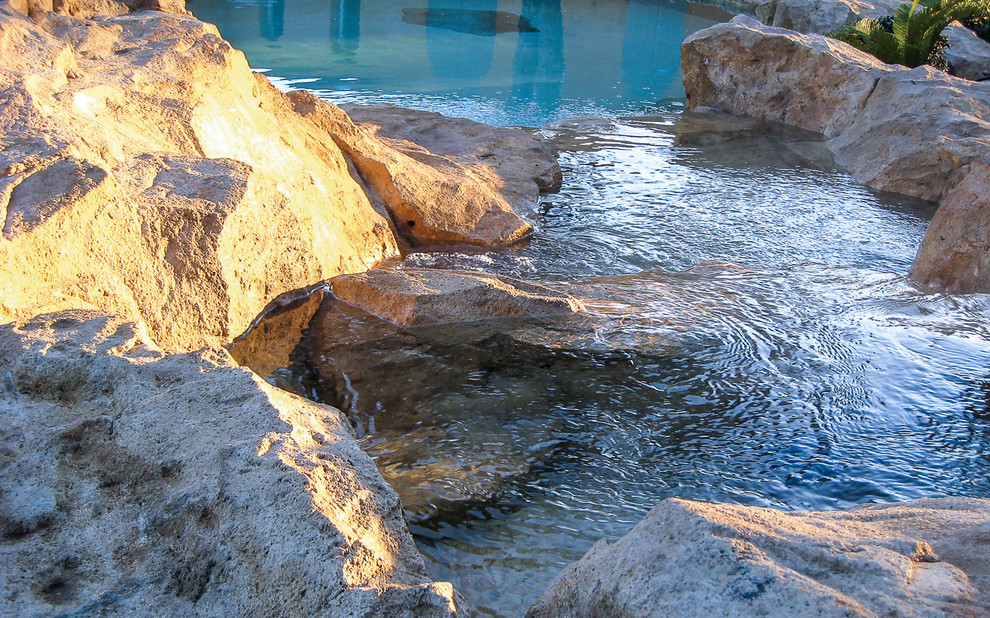 This is an example of a large beach style side yard custom-shaped natural pool in Marseille with a hot tub and stamped concrete.