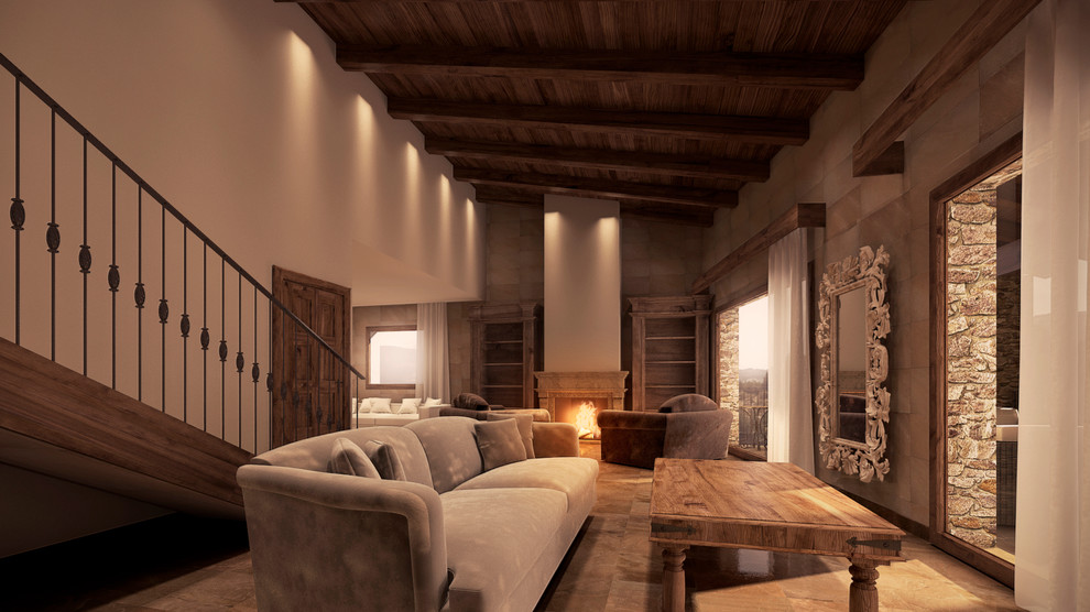 Foto de salón abierto rural de tamaño medio con paredes blancas, suelo de madera en tonos medios y suelo marrón